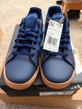 adidas Navy Sneakers with Gum Sole and Light Blue Stripes